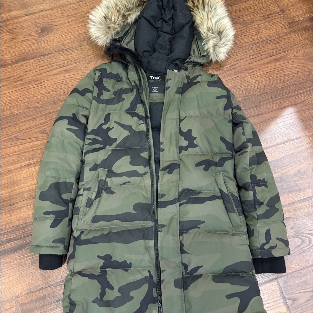 TNA Green Camo Long Puffer Coat with Faux Fur Hood